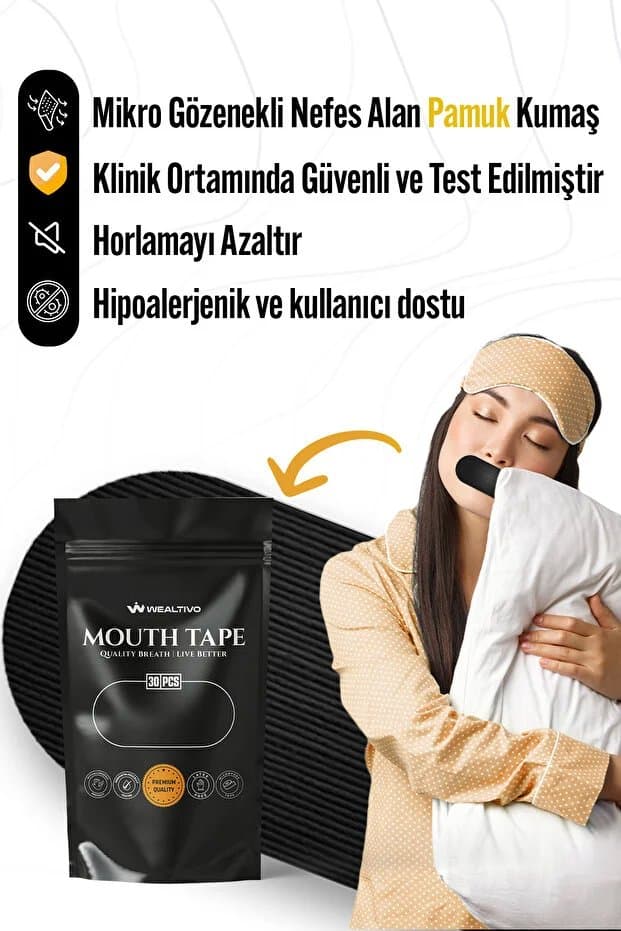 Premium Ağız Bandı 30 Adet, Horlama Desteği Hipoalerjenik Ağız Kapama Uyku Bandı (Mouth Tape)