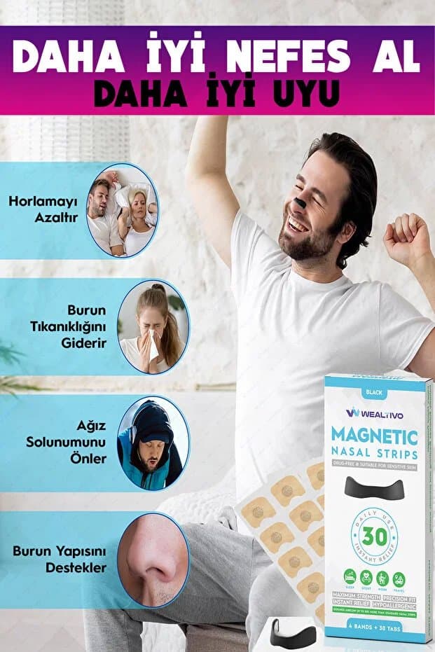 Manyetik Burun Bandı Seti Premium 30'lu, Horlama Azaltıcı Mıknatıslı Siyah Dilatörü Aparatı