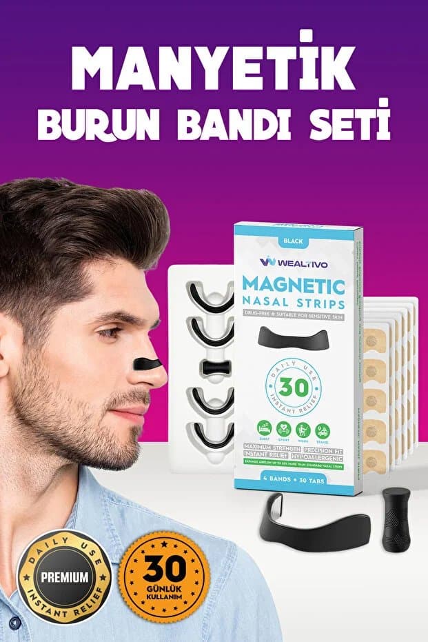 Manyetik Burun Bandı Seti Premium 30'lu, Horlama Azaltıcı Mıknatıslı Siyah Dilatörü Aparatı